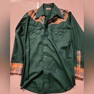 Men’s vintage Tem Tex, pearl snap western shirt 16 33 green EUC